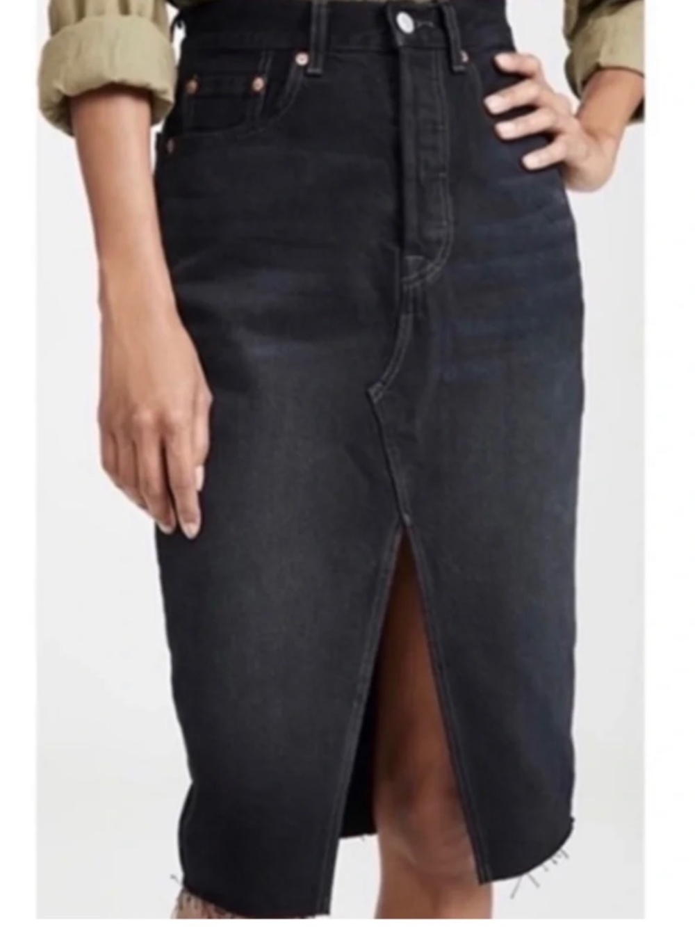 Levis Black Midi Jean Skirt Center Slit Raw Hem
